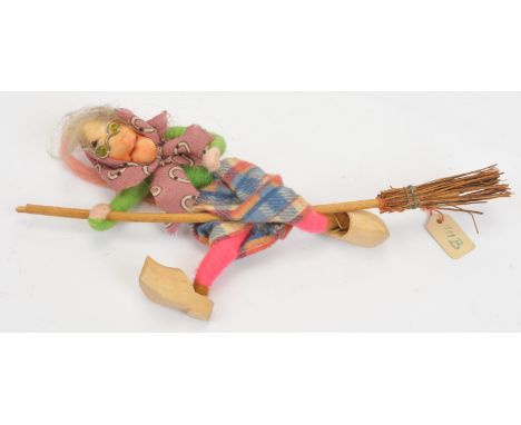 Grecon miniature vintage rare Witch cloth doll, German, 1920s, wool-bound wire with cotton face, glass bead eyes, mohair wig,