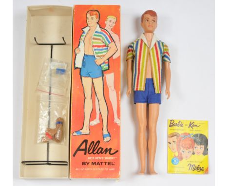 Mattel Barbie Ken's Buddy Allan vintage doll, first issue, wearing original shirt and shorts, cork shoes, with stand, booklet