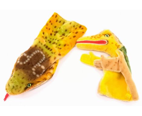 Steiff hand puppet pair including: (1) Gaty Crocodile, 1960's/70's, mohair; (2) Snaky, yellow tag 0320/00, 1960s, mohair; sli