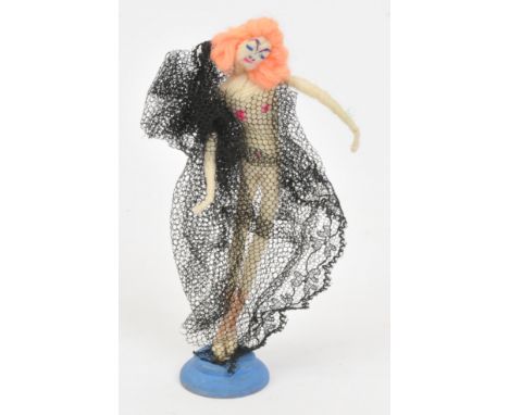 Grecon miniature vintage rare Exotic Dancer cloth doll, German, 1920s, hand written to wooden base Grecon, wool-bound wire wi