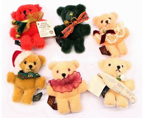 Hermann Spielwaren mohair teddy bear pin group including: (1) Annual Christmas pin bear 1998; (2) Annual pin bear 2000; (3) H