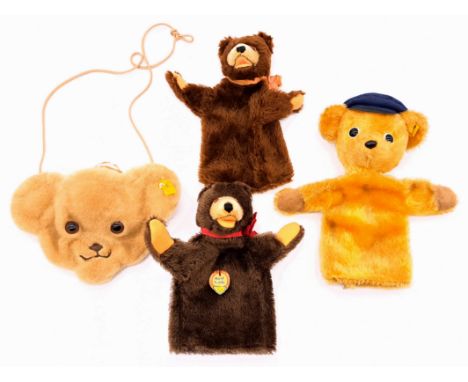 Steiff hand puppet bear group including: (1) Sailor bear, 1970's, yellow tag 7078/17, mohair; (2-3) Teddy baby, 1960s/70s, mo