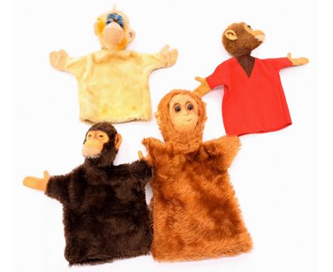 Steiff &amp; other monkey hand puppet group: (1) Mungo, 1950's/60's, mohair; (2) Jocko, yellow tag 6991/30, 1970s/80's, mohai