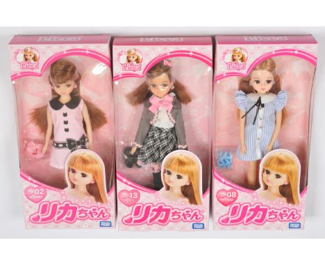Takara Tomy Licca-Chan dolls x three: (1) Ribbon dress, LD-02; (2) Shirt dress, LD-08; (3) New semester, LD-13; Near Mint to 