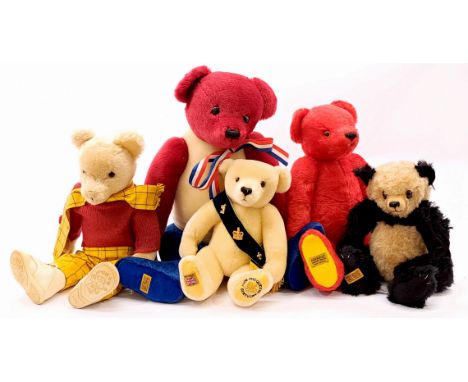 Merrythought teddy bear group including: (1) Antique Pand, LE 58/250, mohair, swing label certificate, 14.5"/37cm; (2) Rupert