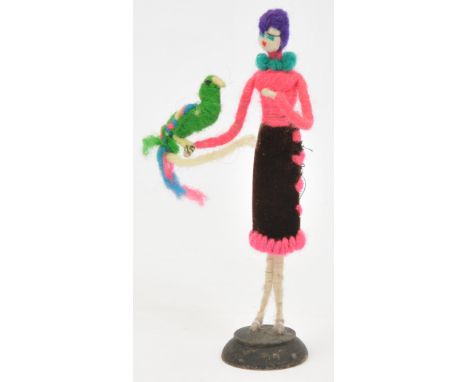 Grecon miniature vintage rare Lady with pet parrot cloth doll, German, 1920s, hand stamped to wooden base D.R.G.M. Grecon, ha