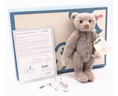Steiff Lladro Saxophone Player Teddy Bear, white tag 677656, LE 1000, grey alpaca, musical mechanism plays The Pink Panther t