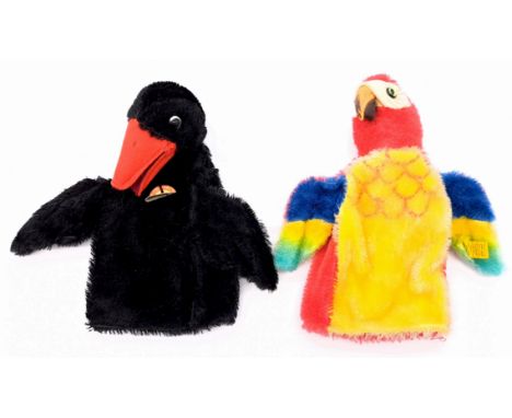 Steiff hand puppet pair including: (1) Hucky Raven, 1960's, chest tag, mohair; (2) Yuku Parrot, yellow tag 6685/17, 1960s/70s