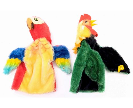 Steiff hand puppet pair including: (1) Rooster, yellow tag 6721/18, 1960's/70's, mohair; (2) Yuku Parrot, yellow tag 6685/17,