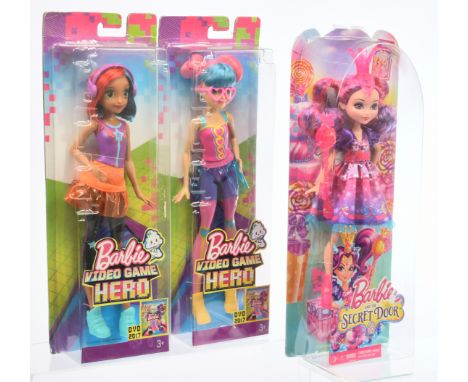 Mattel Barbie and the Secret Door and Video Game Hero dolls x three: (1) Barbie and the Secret Door Malucia doll, CBH62, 2013