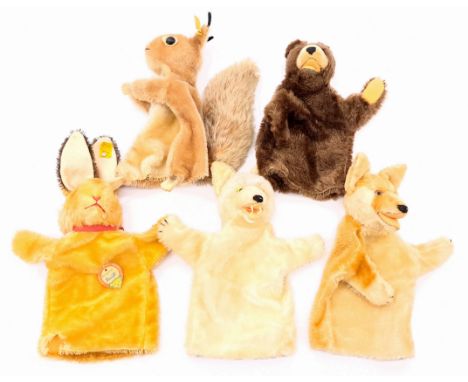 Steiff hand puppet group including: (1) Hopsi Squirrel, yellow tag 0318.00, 1960's, mohair; (2) Hare, yellow tag 0317.00, 196