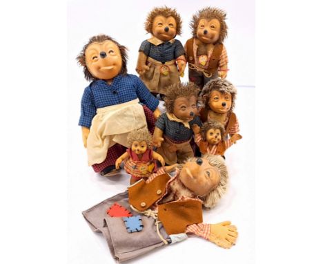 Steiff Mecki and Micki group, including hand puppet, all would benefit from cleaning due to storage/damp odour, some holes to