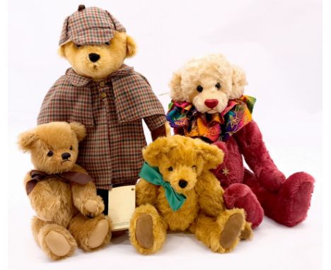 Mixed teddy bear group including: (1) Unnamed bear, designed by Margaret Hathway-Tibbs, mohair, fully jointed, MISSING swing 