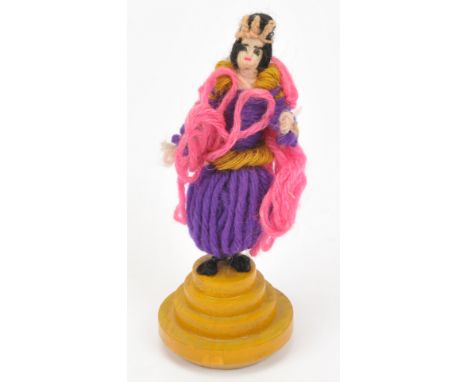 Grecon miniature vintage rare Queen cloth doll, German, 1920s, hand written to wooden base Grecon No 19, wool-bound wire with