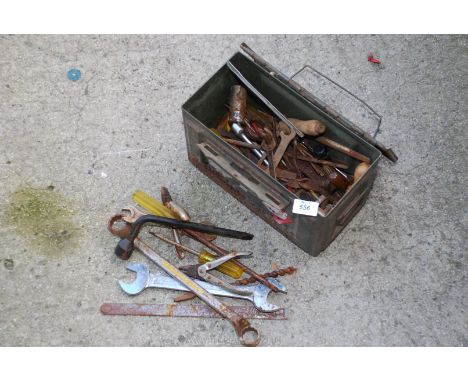 Small metal ammunition box with spanners, hand tools.