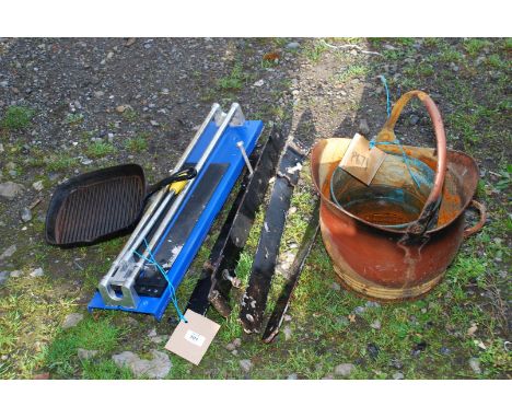 A large tile-cutter, gate hinges, coal scuttle, etc.,