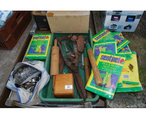 Garden tools, propagating tray, vegetable netting, pegs etc.