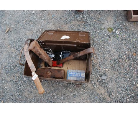 Metal 1966 ammunition box including; log wedge, bill hook, etc.