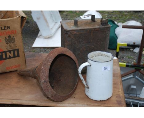 A Shell Mex metal fuel can with Pratts brass cap, enamel jug and fuel etc.