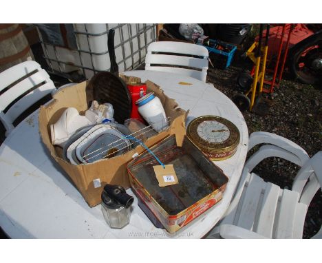 Miscellaneous tins, enamel bakeware, skillet etc.
