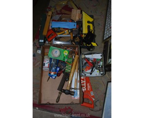 Two boxes of hand tools including saws, chisels, hammers, etc.,
