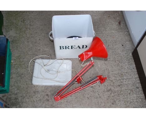 An enamel bread bin and an angle poise lamp with dent (a/f.).