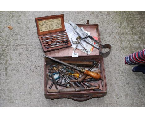 Small leather case of hand tools and cased micrometer set