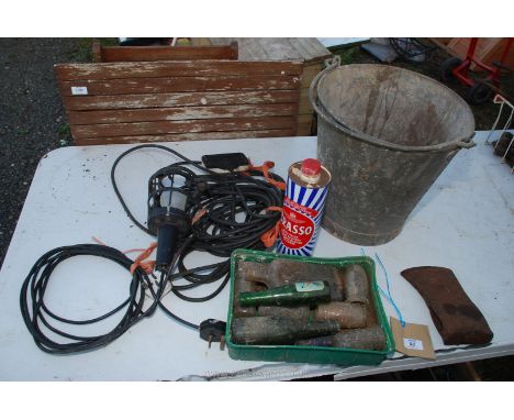 Galvanised bucket, axe head, bottles, inspection lamp etc.