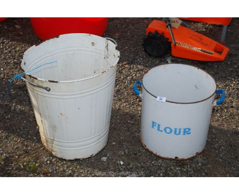 Enamel flour bin and painted dustbin.