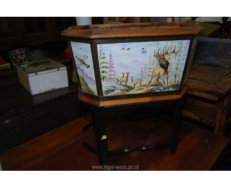 A wooden Planter decorated with china panels depicting birds, animals, on a wooden stand