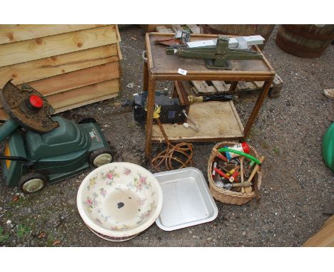 A tea trolley, beer engine, wash bowl, kitchen utensils etc.