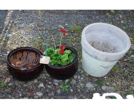 Two glazed planters and a concrete planter a/f.