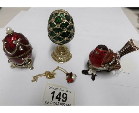 3 jewelled trinket boxes being 2 as eggs, 1 as and robin and a robin pendant