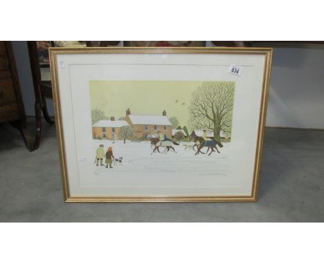 A signed limited edition lithograph 88/200 of horse riders in snowy village scene by Vincent Haddelsey, (1934-2010)