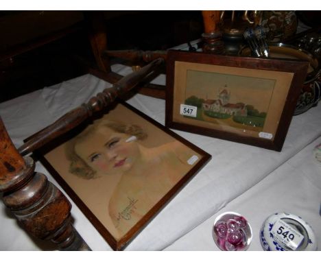 A sand painting of St. Mildred's church together with a pastel portrait of a young girl, signed and dated
