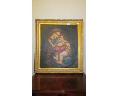 An early 19th century oil on canvas English school portrait of Madonna and child