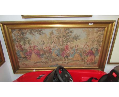A 19th century framed fine tapestry (possibly Berlin) garden scene, dancing and artist, image 90 x 43cm