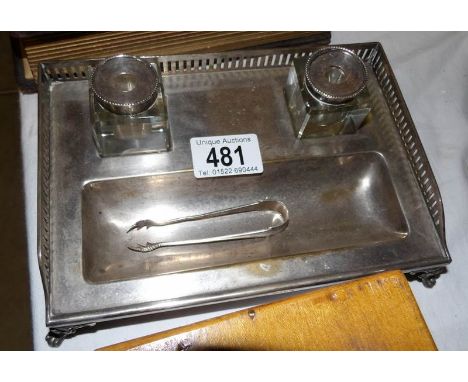 A silver plate inkstand with 2 glass inkwells