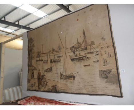 A large tapestry wall hanging of a harbour scene