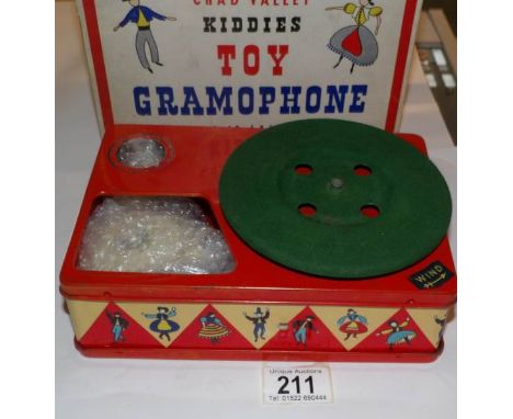 A boxed tin plate Chad Valley clockwork kiddies toy gramophone