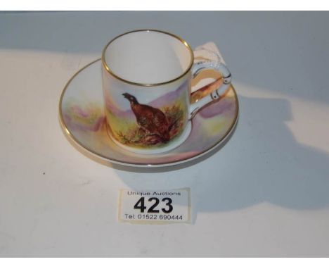 A Royal Worcester James Stinton hand painted coffee can and saucer 'Game Birds' ****Condition report**** No damage or restora