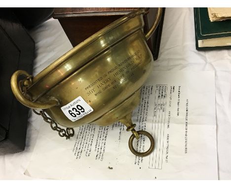 A brass planter presented in remembrance ot Sgt Harry Hemmingway, R.A.F. Sept 19th 1944, 467 squadron