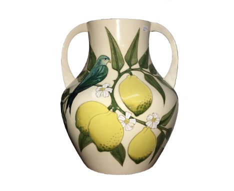 A large impressive Moorcroft lemon and blue finches vase designed by Sally Tuffin, 35cm - 30cm approximately, first quality