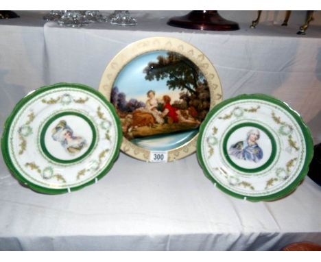 A hand painted cabinet plate and 2 portrait plates