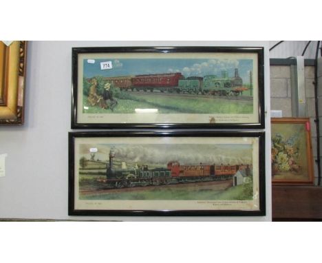 A pair of framed and glazed railway prints 'Travel in 1880/1865' after C Hamilton-Ellis, image 59cm x 19cm