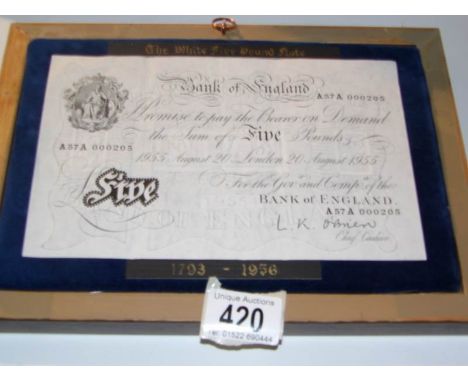 A genuine white £5 note signed L K O'Brien, No.A57A 000205