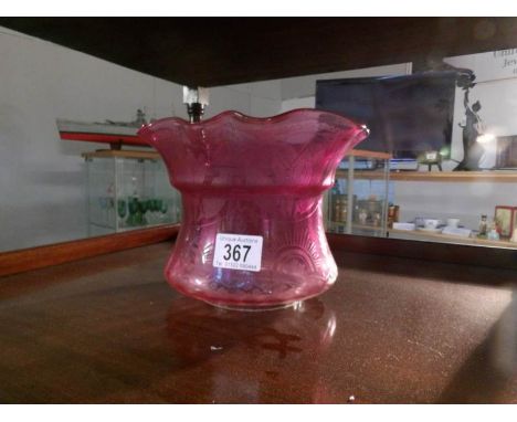 A cranberry glass acid etched oil lamp shade