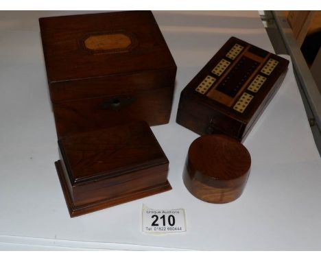 A crib board, a tea caddy, a yew wood box and one other