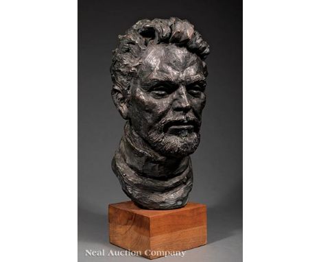 Thomas Holland (American/California, 1917-2004), "Portrait of a Man", 1968, bronzed plaster, signed lower left, signed and da