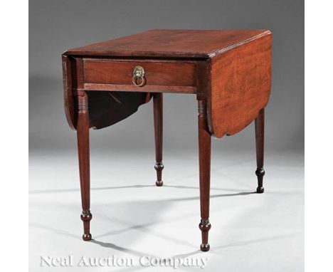 American Federal Carved Mahogany Drop-Leaf Table, early 19th c., shaped drop leaves, frieze drawer, ring-turned tapered legs,